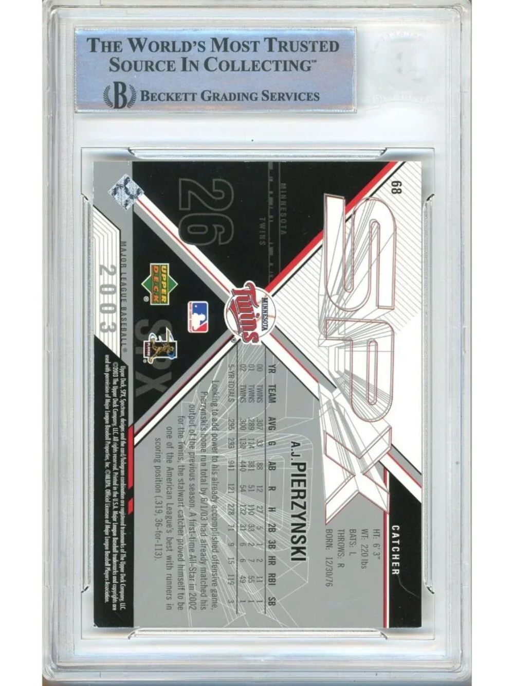 A.J. Pierzynski Signed 2003 Upper Deck SPx #68 Twins Baseball Card BAS Slab